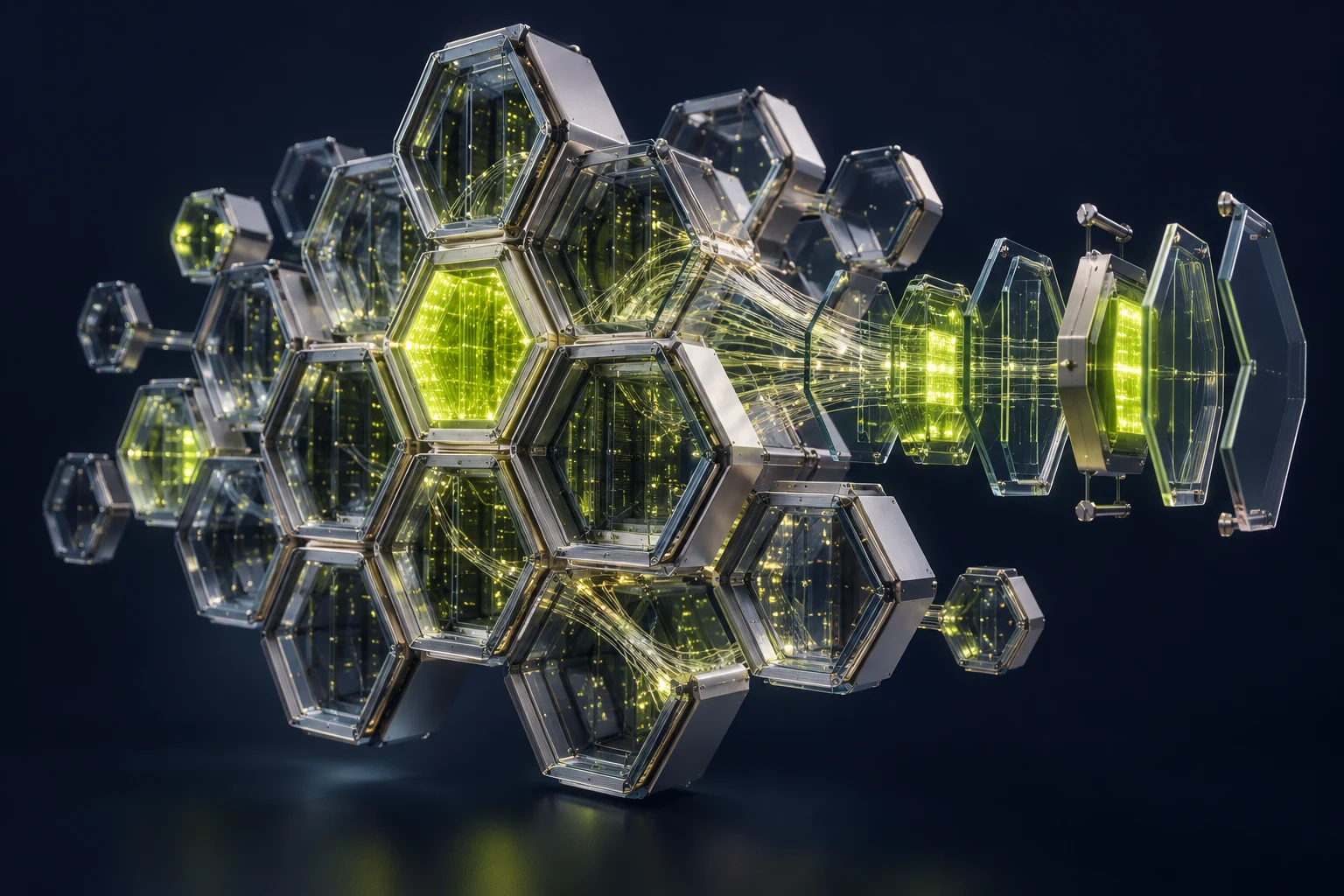 Konzeptionelle Wabenstruktur: verbundene Glas- und Metallzellen mit optischen Lichtverbindungen